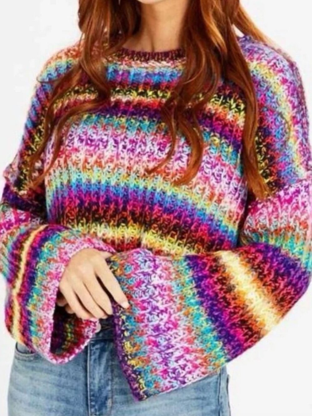Altar'd State Kelsey Knit Cropped Oversized Rainbow Bell Sleeve Sweater Sz. XS